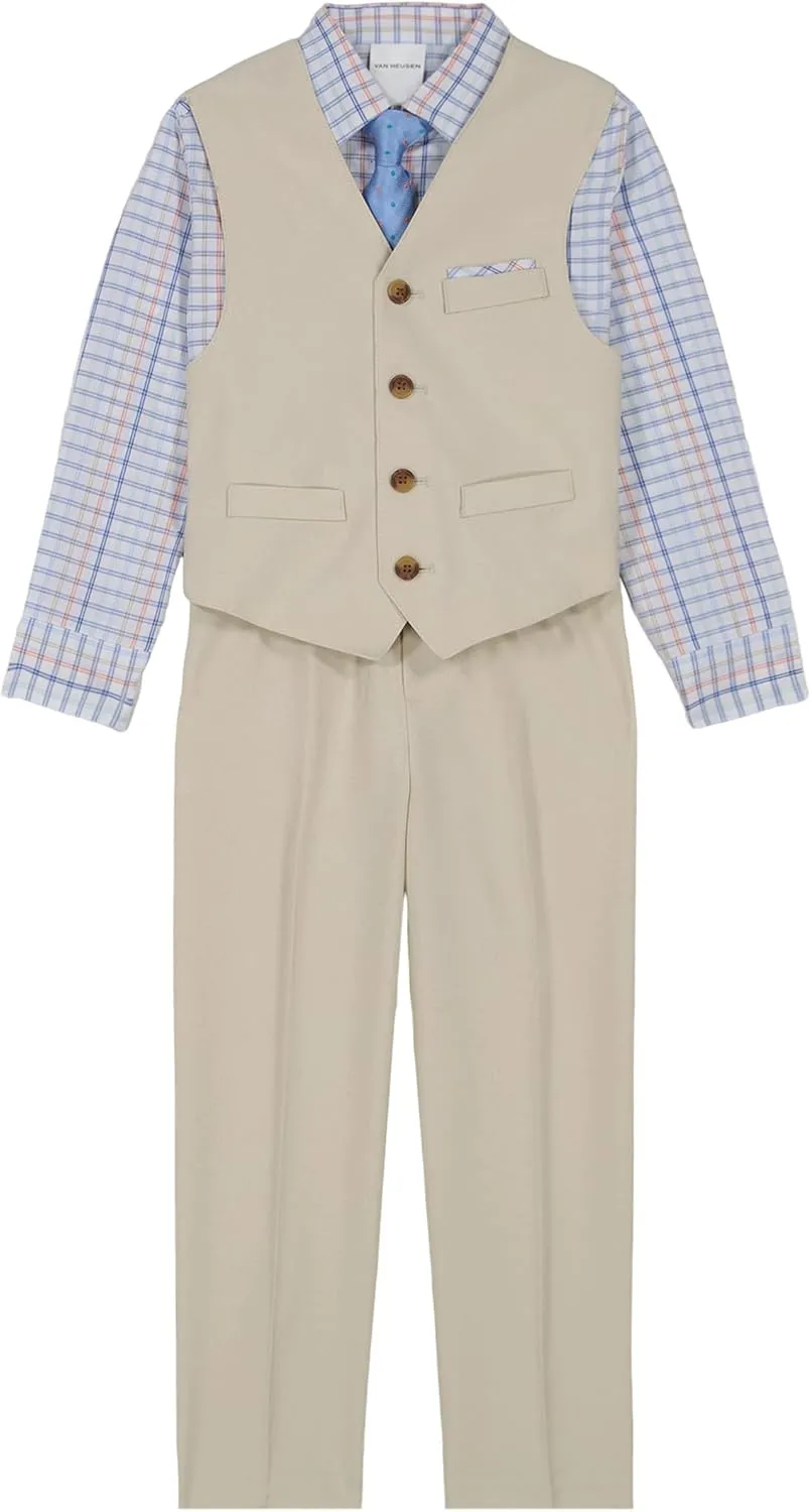 Van Heusen Boys' 4-Piece Formal Suit Set, Vest, Pants, Collared Dress Shirt, and Tie