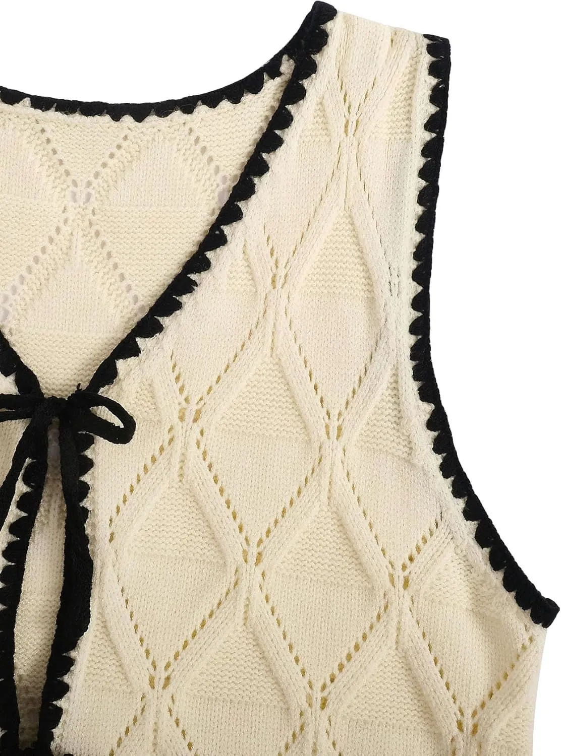 Verdusa Women's Old Money Bow Tie Crochet Sweater Vest Contrast Binding Knot Front V Neck Knit Top