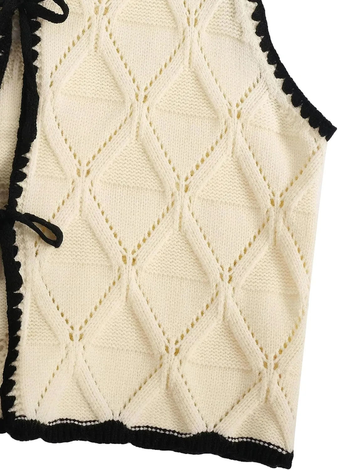 Verdusa Women's Old Money Bow Tie Crochet Sweater Vest Contrast Binding Knot Front V Neck Knit Top