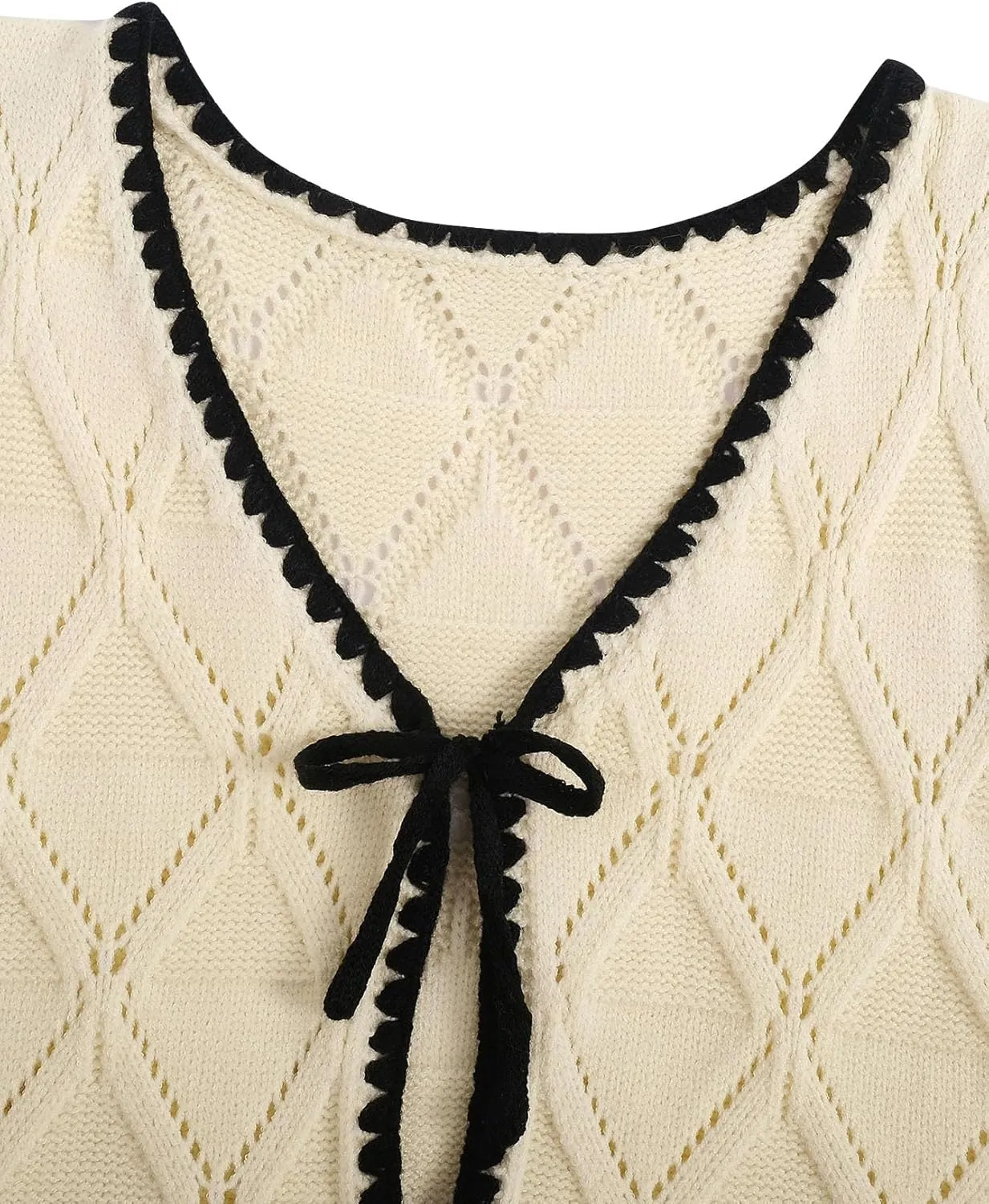 Verdusa Women's Old Money Bow Tie Crochet Sweater Vest Contrast Binding Knot Front V Neck Knit Top