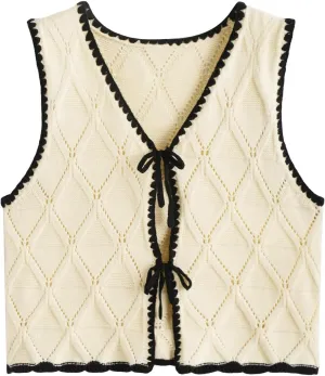 Verdusa Women's Old Money Bow Tie Crochet Sweater Vest Contrast Binding Knot Front V Neck Knit Top
