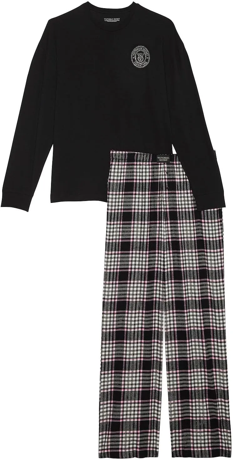 Victoria's Secret Tee Pajama Set, Long Sleeve Cotton T Shirt and Flannel Pants, Sleepwear for Women (XS-XXL)