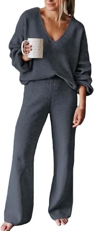 Viottiset Women's 2 Piece Outfits Casual V Neck Knit Wide Leg Sweater Lounge Set Sweatsuit
