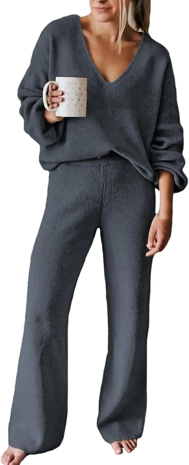 Viottiset Women's 2 Piece Outfits Casual V Neck Knit Wide Leg Sweater Lounge Set Sweatsuit