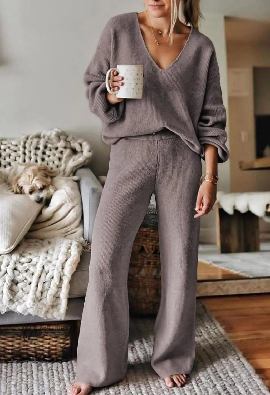 Viottiset Women's 2 Piece Outfits Casual V Neck Knit Wide Leg Sweater Lounge Set Sweatsuit