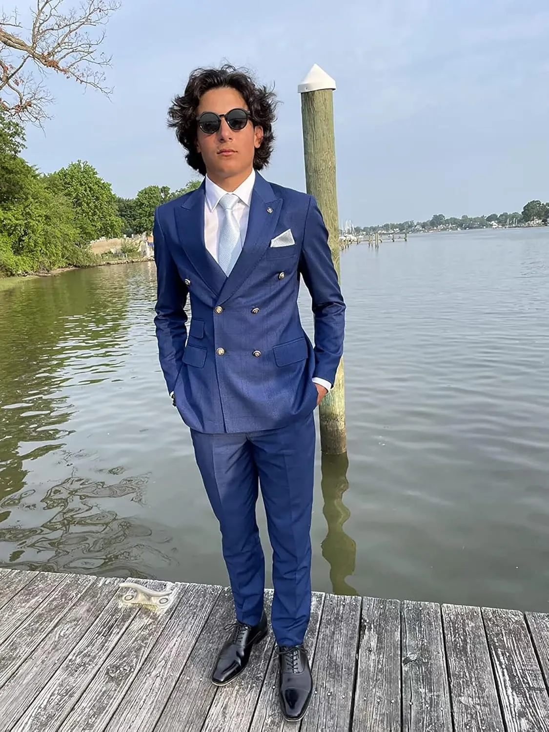 Wangyue Double Breasted Suits for Men - 2 Piece Slim Fit Peak Lapel Blazer & Pants - Business & Party Suits