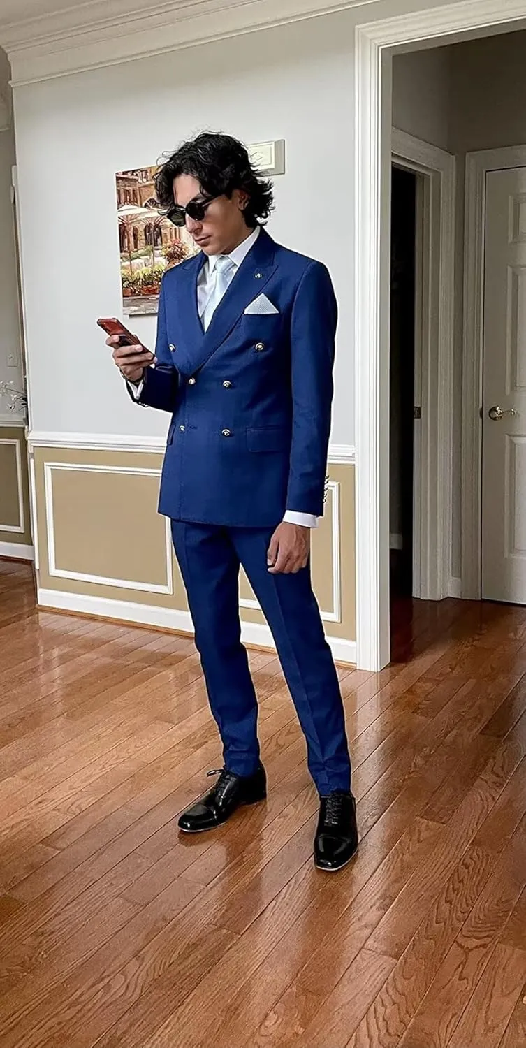Wangyue Double Breasted Suits for Men - 2 Piece Slim Fit Peak Lapel Blazer & Pants - Business & Party Suits