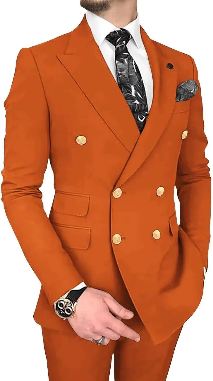 Wangyue Double Breasted Suits for Men - 2 Piece Slim Fit Peak Lapel Blazer & Pants - Business & Party Suits