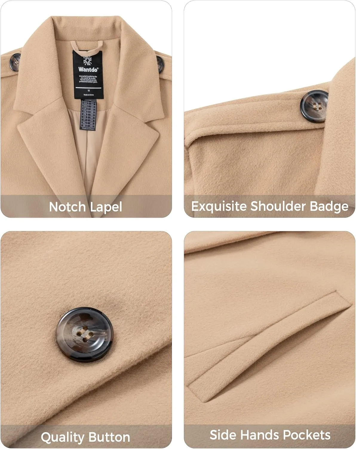 wantdo Women's Plus Size Pea coat Oversized Notched Lapel Peacoat Jacket