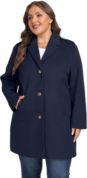wantdo Women's Plus Size Pea coat Oversized Notched Lapel Peacoat Jacket