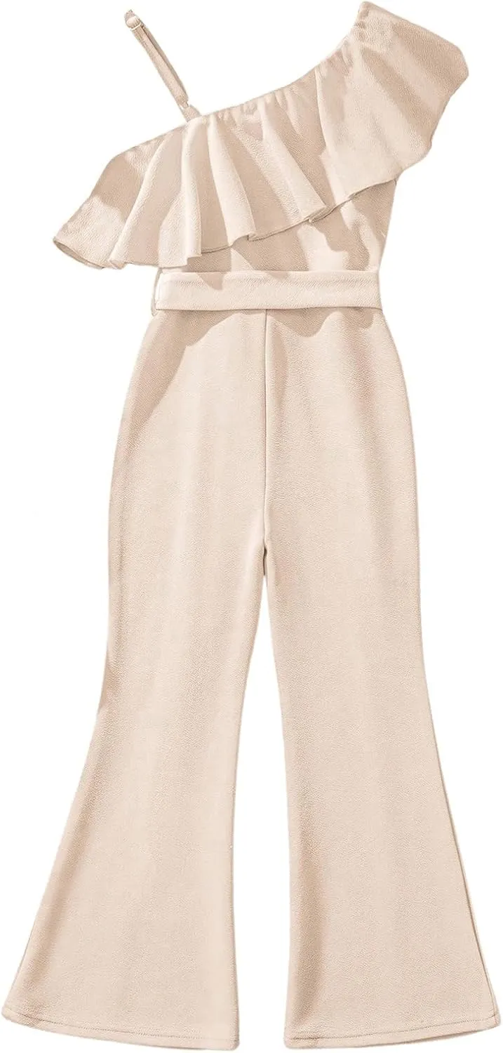 WDIRARA Girl's Ruffle Trim Asymmetrical Neck Sleeveless Belted Flare Leg Romper Cute Long Jumpsuit