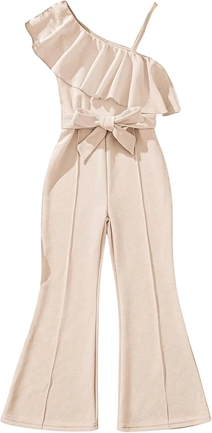 WDIRARA Girl's Ruffle Trim Asymmetrical Neck Sleeveless Belted Flare Leg Romper Cute Long Jumpsuit