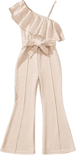 WDIRARA Girl's Ruffle Trim Asymmetrical Neck Sleeveless Belted Flare Leg Romper Cute Long Jumpsuit
