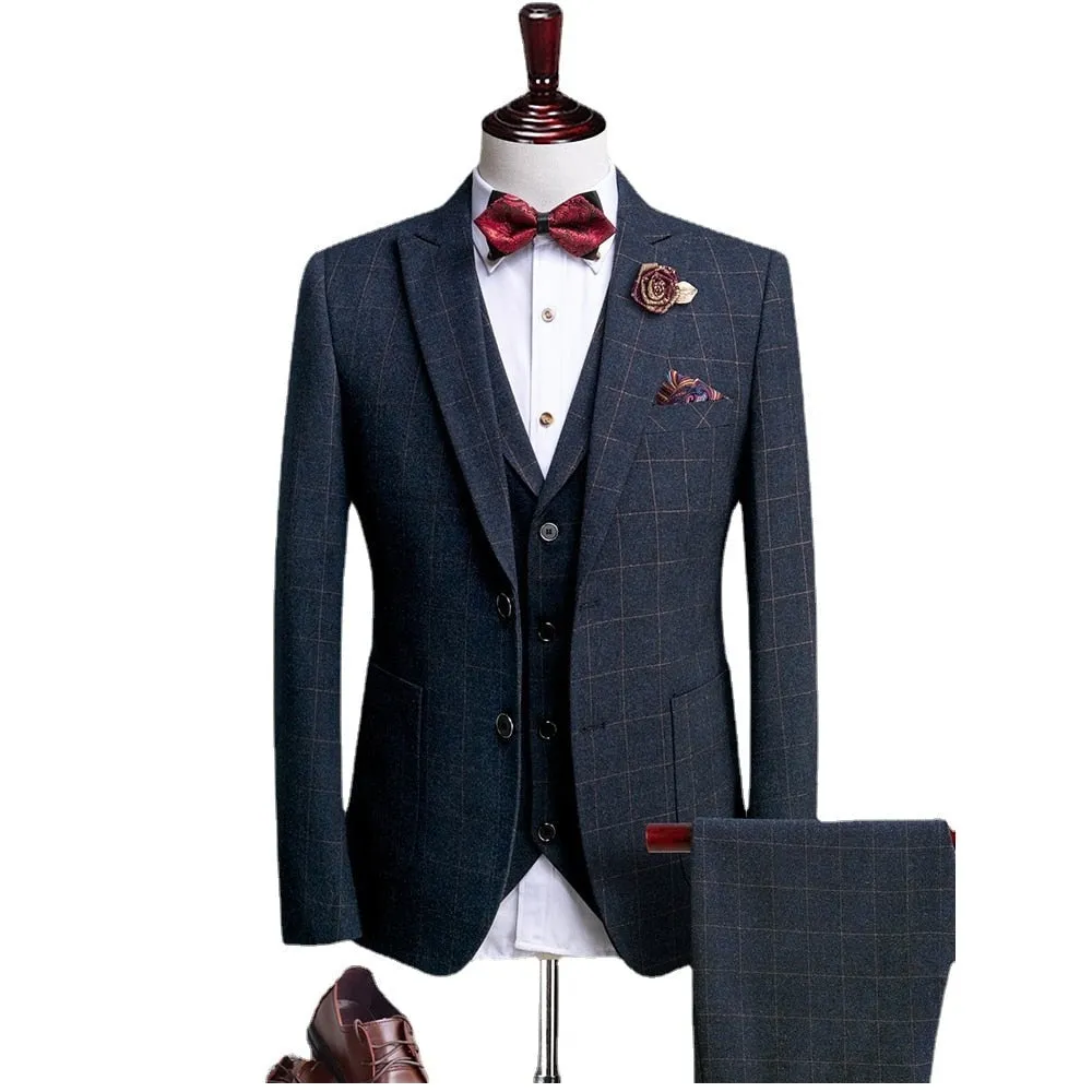 West Louis Tailored Plaid Formal Business-Men 3-Piece Suit