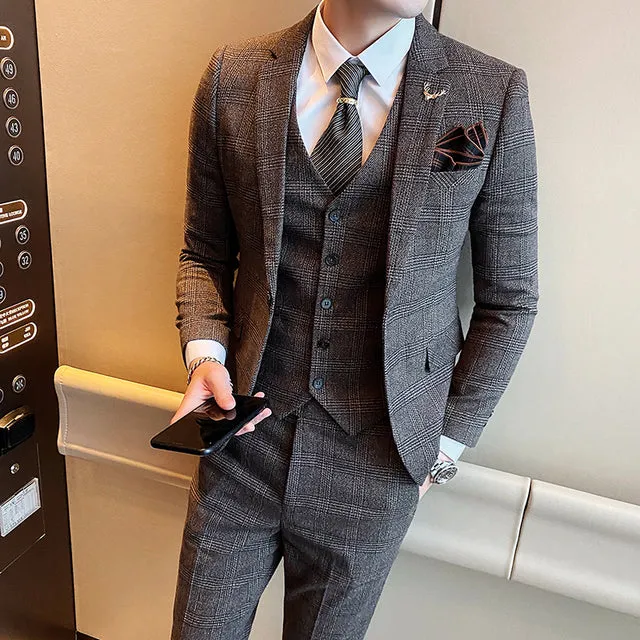 West Louis Tailored Viscose Elegant Plaid British 3 Piece Suit