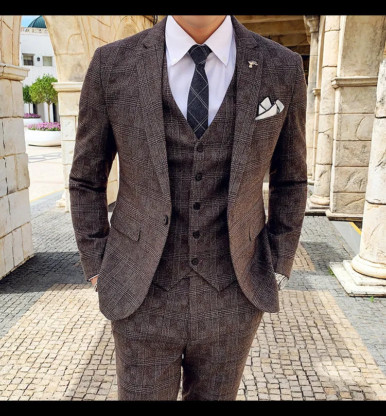 West Louis Tailored Viscose Elegant Plaid British 3 Piece Suit