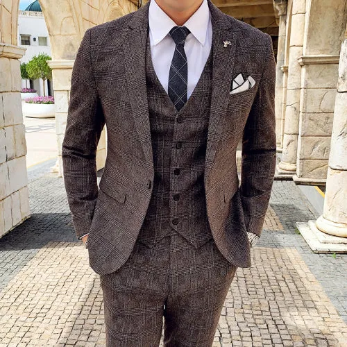 West Louis Tailored Viscose Elegant Plaid British 3 Piece Suit
