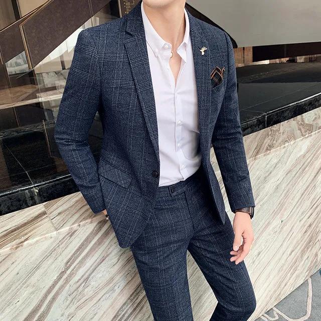 West Louis Tailored Viscose Elegant Plaid British 3 Piece Suit