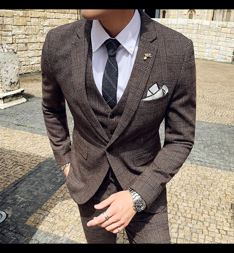 West Louis Tailored Viscose Elegant Plaid British 3 Piece Suit