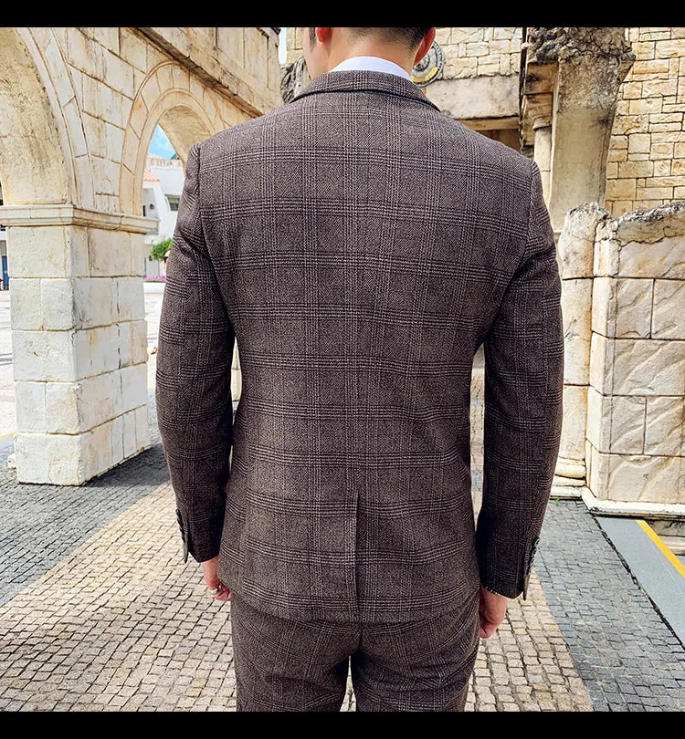 West Louis Tailored Viscose Elegant Plaid British 3 Piece Suit