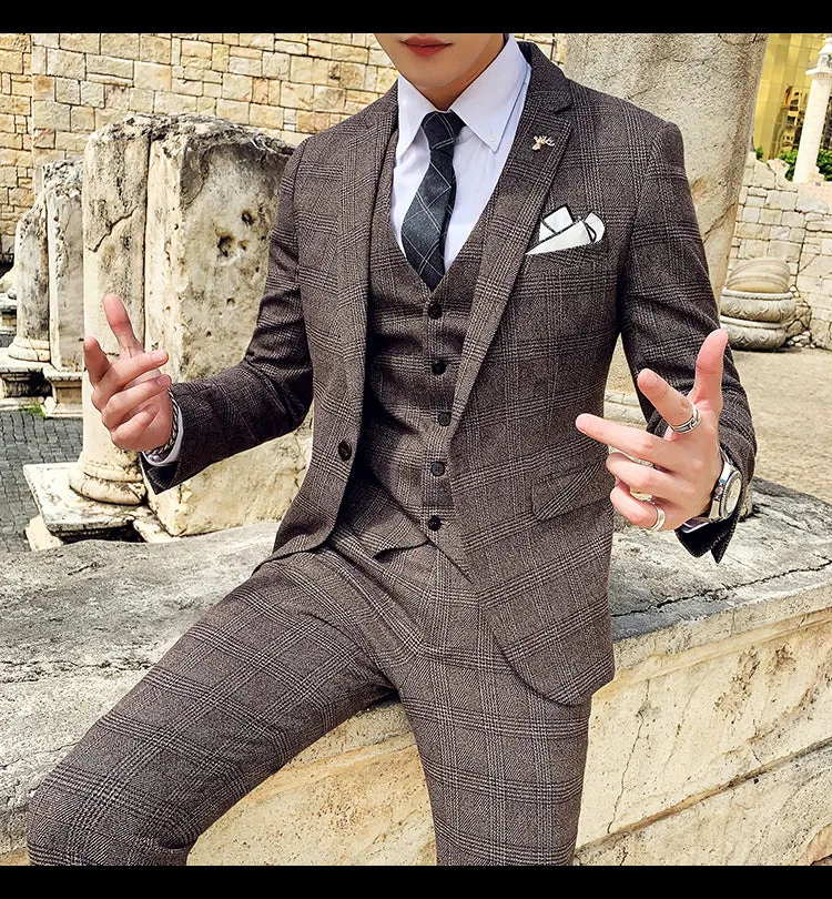 West Louis Tailored Viscose Elegant Plaid British 3 Piece Suit
