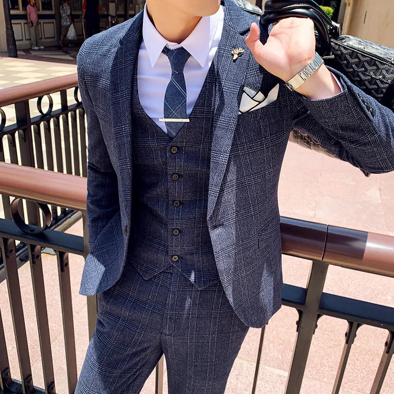 West Louis Tailored Viscose Elegant Plaid British 3 Piece Suit