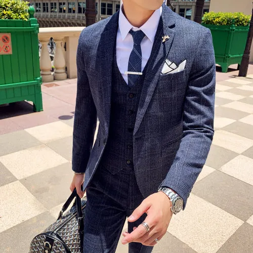 West Louis Tailored Viscose Elegant Plaid British 3 Piece Suit