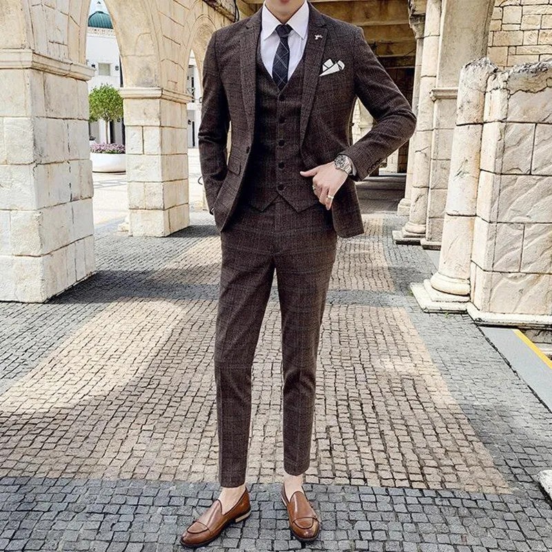 West Louis Tailored Viscose Elegant Plaid British 3 Piece Suit
