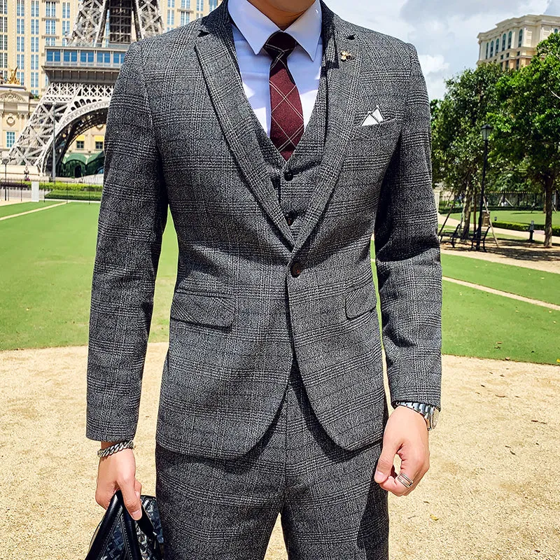 West Louis Tailored Viscose Elegant Plaid British 3 Piece Suit
