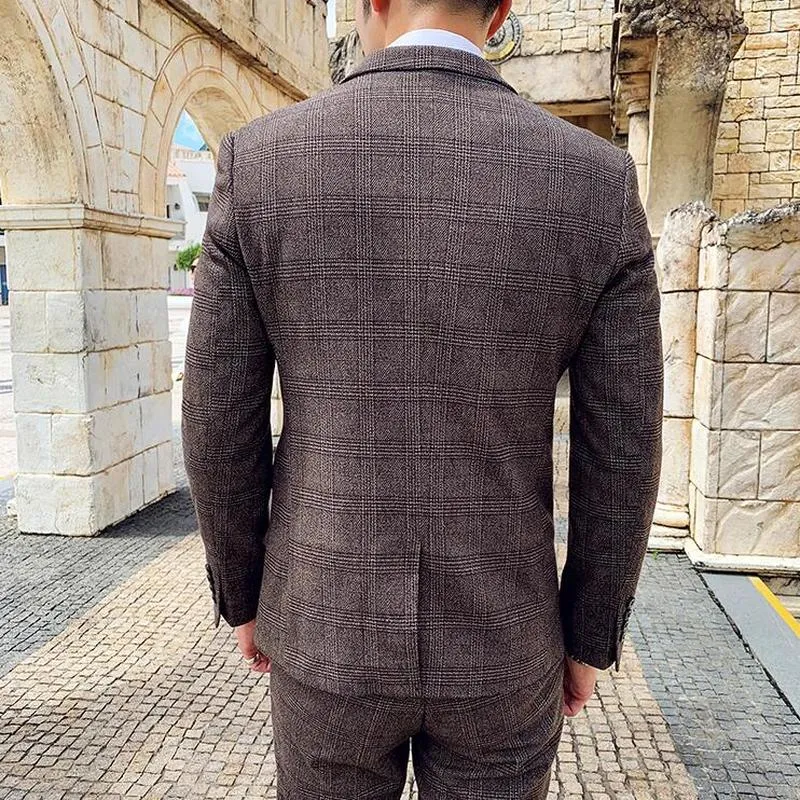 West Louis Tailored Viscose Elegant Plaid British 3 Piece Suit