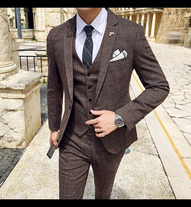 West Louis Tailored Viscose Elegant Plaid British 3 Piece Suit