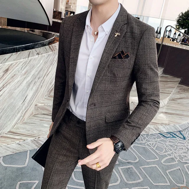 West Louis Tailored Viscose Elegant Plaid British 3 Piece Suit