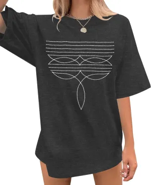 Western Shirts for Women Boot Stitch Embroidery Shirt Rodeo Vintage Tshirt Oversized Boho Country Music Short Sleeve Top