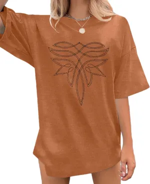 Western Shirts for Women Boot Stitch Embroidery Shirt Rodeo Vintage Tshirt Oversized Boho Country Music Short Sleeve Top