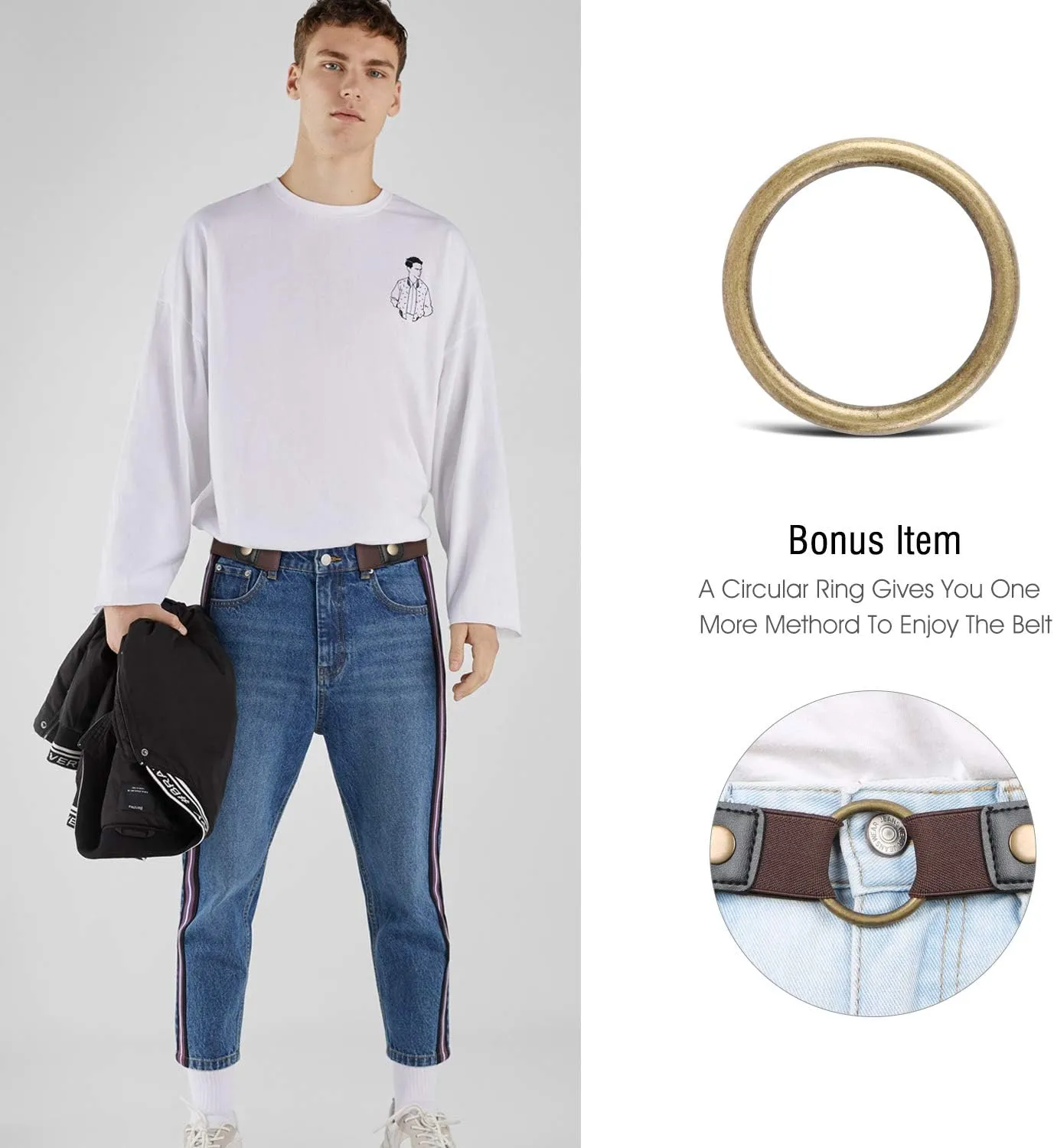 WHIPPY No Buckle Stretch No Show Belt for Men 1.38 inches Wide, Buckless Invisible Elastic Belt for Jeans Pants