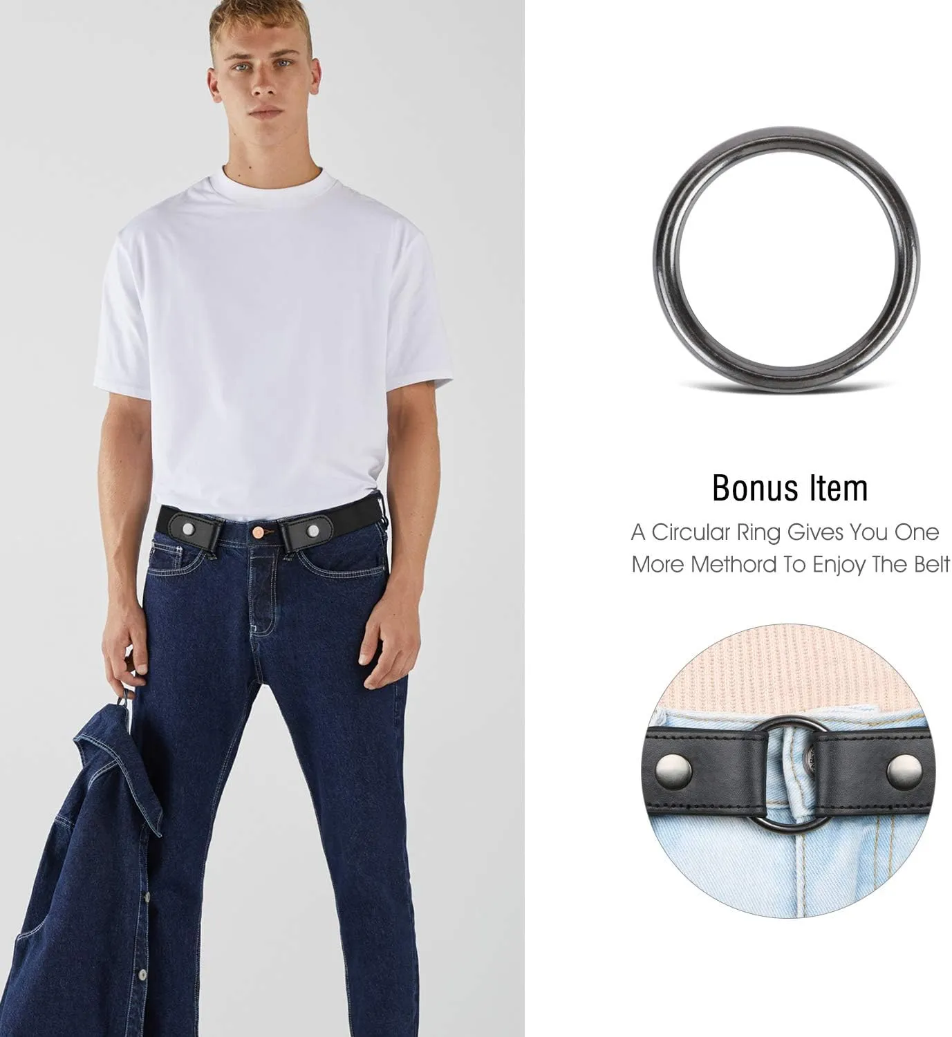 WHIPPY No Buckle Stretch No Show Belt for Men 1.38 inches Wide, Buckless Invisible Elastic Belt for Jeans Pants