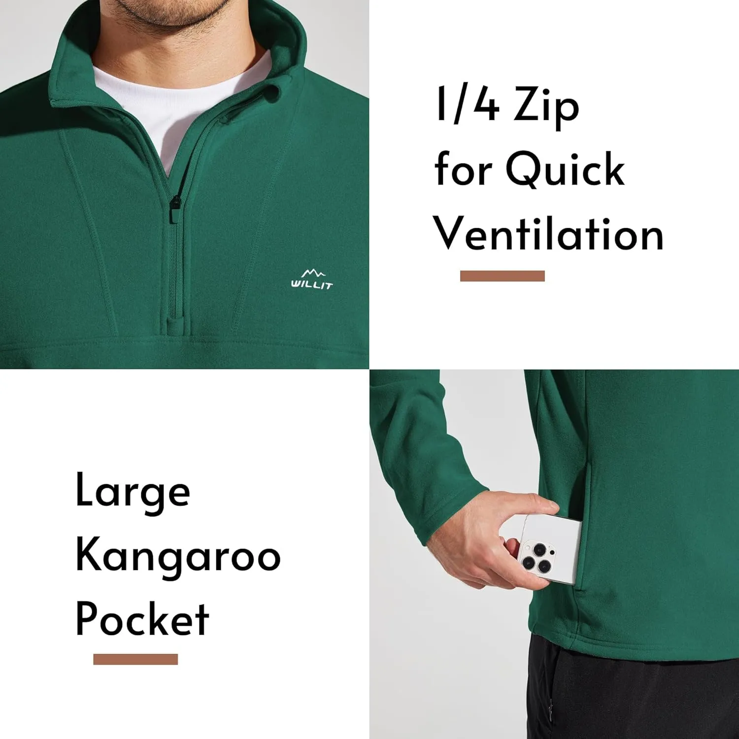 Willit Men's Winter Shirts Fleece Pullover with Pocket Quarter Zip Cold Weather Golf Hiking Casual Warm Shirts Long Sleeve