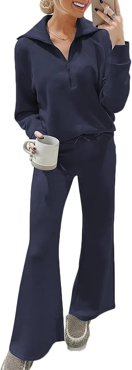 Women 2 Piece Outfits Sweatsuit Set Oversized Half Zip Sweatshirt Wide Leg Sweatpant Lounge Matching Set Tracksuit