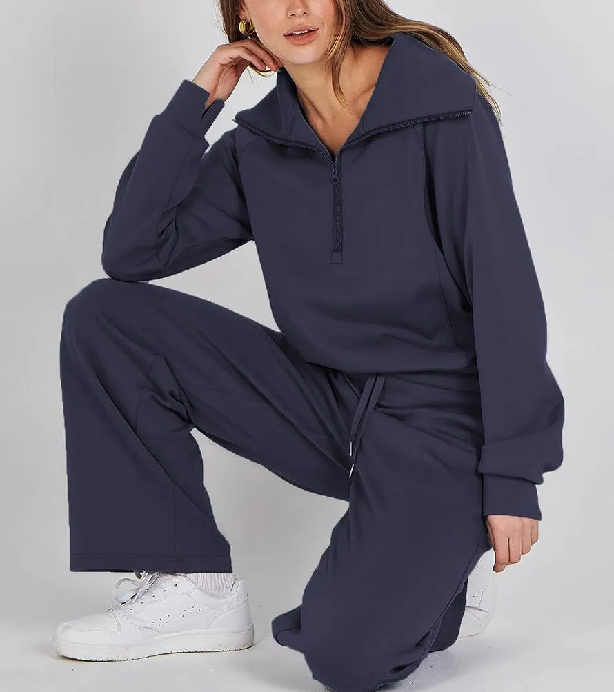 Women 2 Piece Outfits Sweatsuit Set Oversized Half Zip Sweatshirt Wide Leg Sweatpant Lounge Matching Set Tracksuit