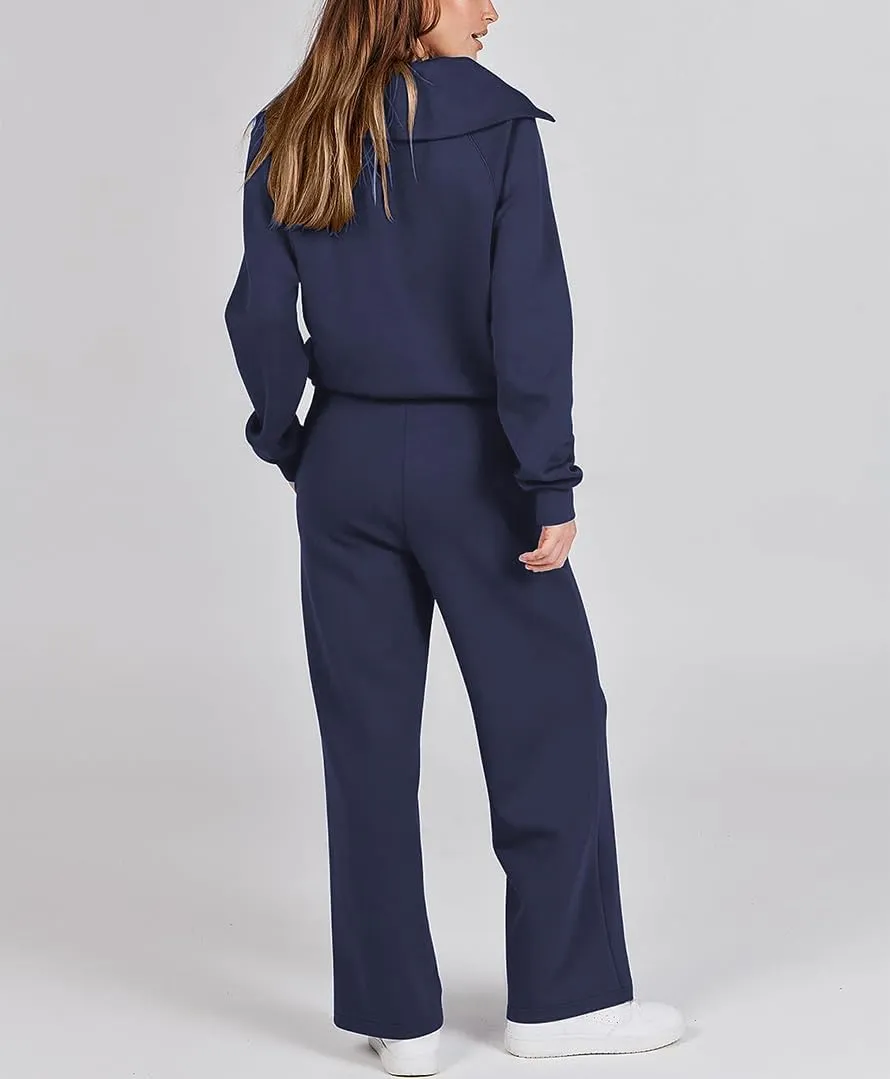 Women 2 Piece Outfits Sweatsuit Set Oversized Half Zip Sweatshirt Wide Leg Sweatpant Lounge Matching Set Tracksuit
