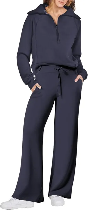 Women 2 Piece Outfits Sweatsuit Set Oversized Half Zip Sweatshirt Wide Leg Sweatpant Lounge Matching Set Tracksuit
