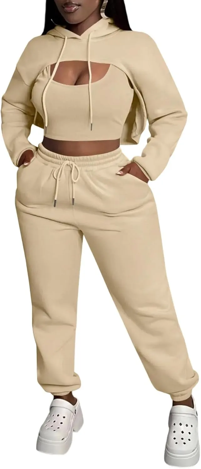 Women 3 Piece Sweatsuit Set Sexy Long Sleeve Pullover Cropped Hoodie Tank Top and Jogger Sweatpants Tracksuit