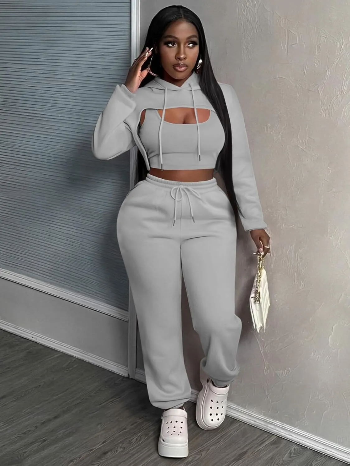 Women 3 Piece Sweatsuit Set Sexy Long Sleeve Pullover Cropped Hoodie Tank Top and Jogger Sweatpants Tracksuit