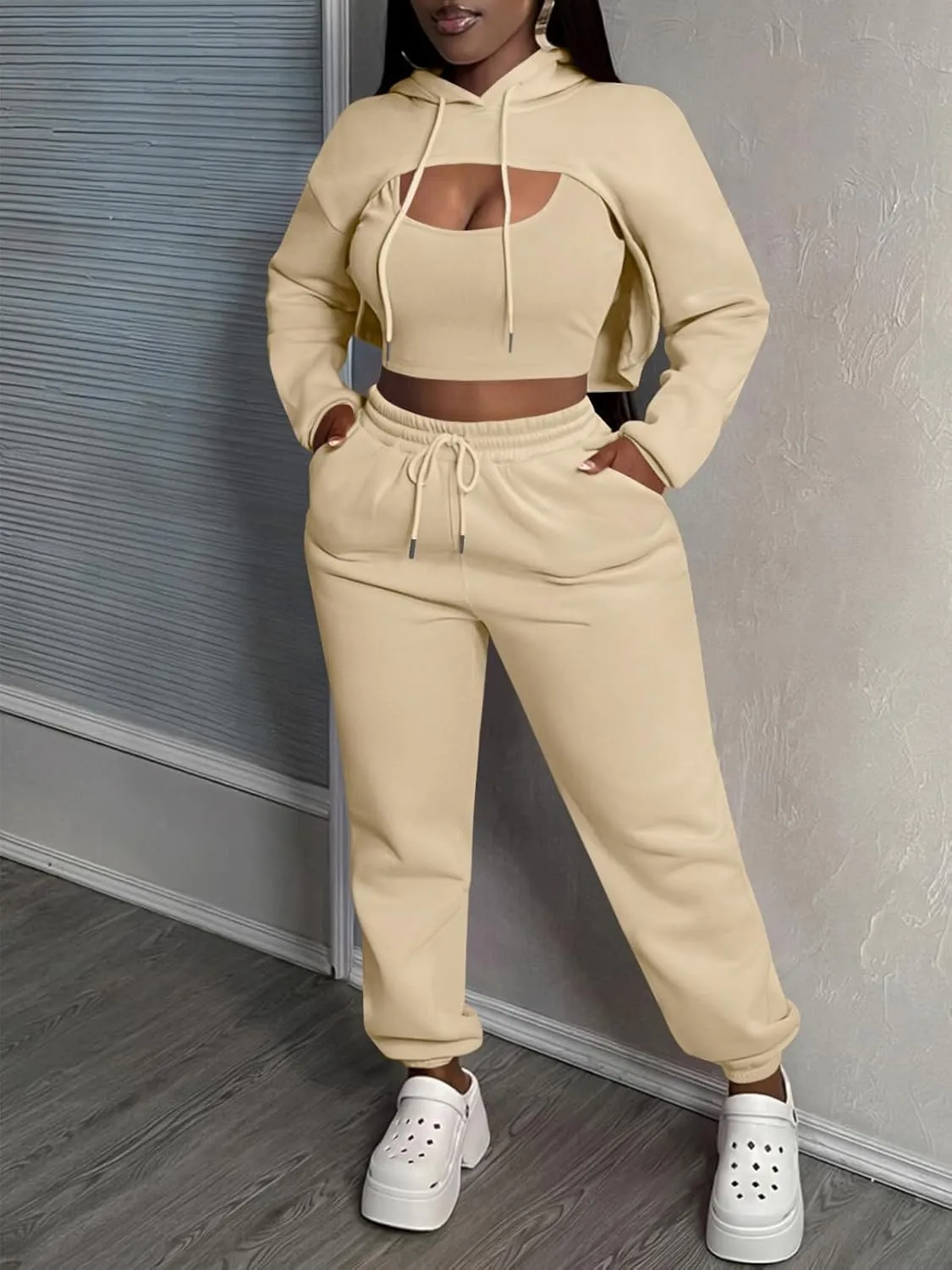 Women 3 Piece Sweatsuit Set Sexy Long Sleeve Pullover Cropped Hoodie Tank Top and Jogger Sweatpants Tracksuit