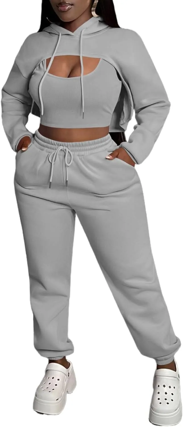 Women 3 Piece Sweatsuit Set Sexy Long Sleeve Pullover Cropped Hoodie Tank Top and Jogger Sweatpants Tracksuit