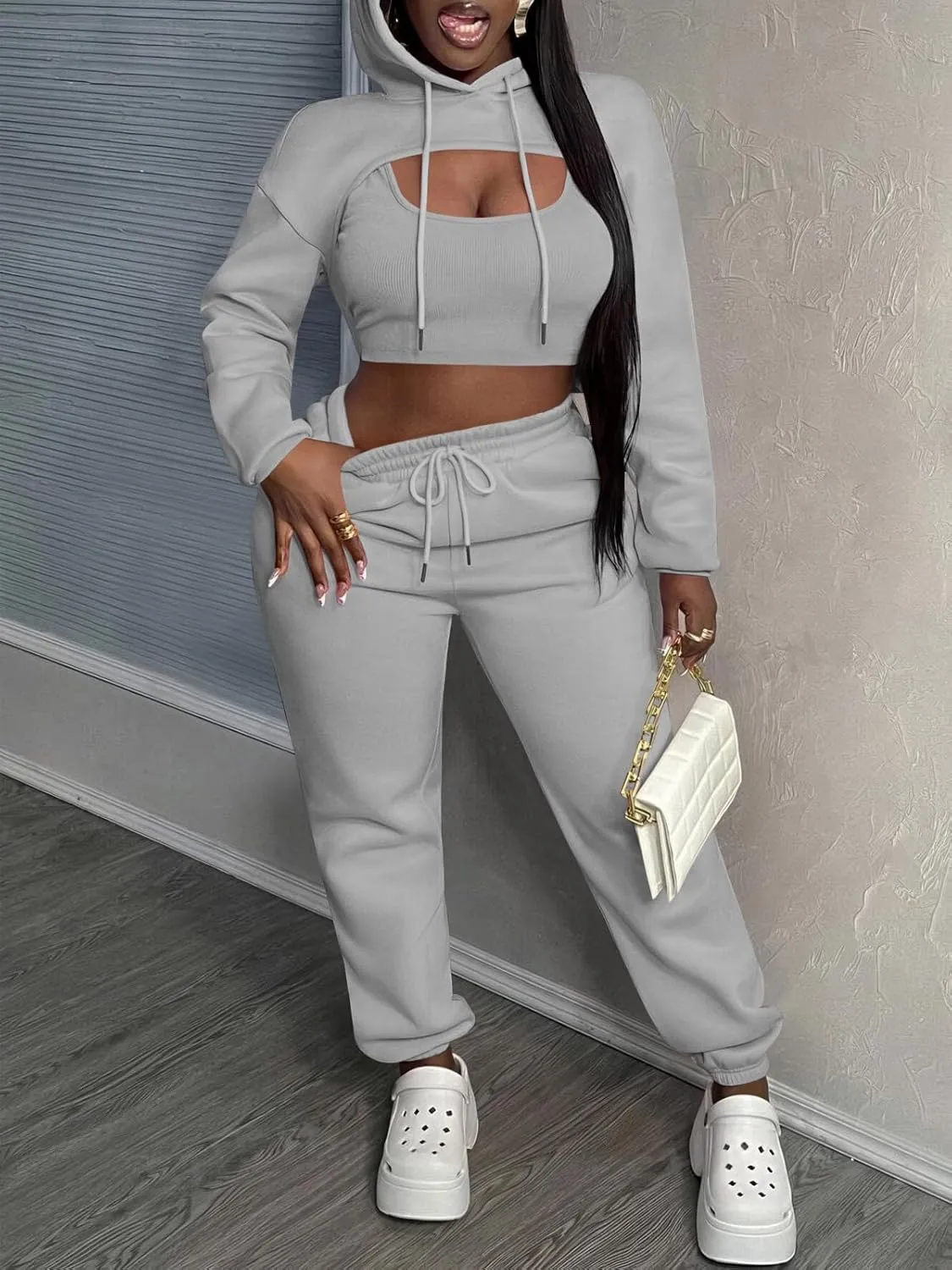 Women 3 Piece Sweatsuit Set Sexy Long Sleeve Pullover Cropped Hoodie Tank Top and Jogger Sweatpants Tracksuit