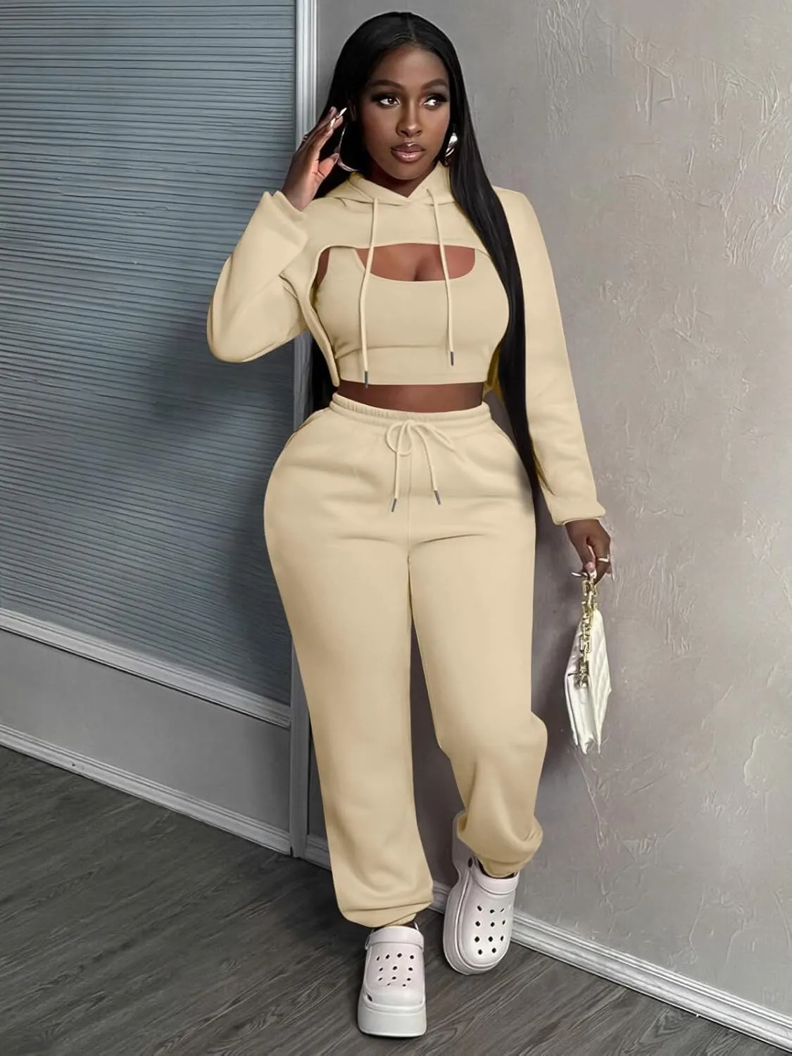 Women 3 Piece Sweatsuit Set Sexy Long Sleeve Pullover Cropped Hoodie Tank Top and Jogger Sweatpants Tracksuit