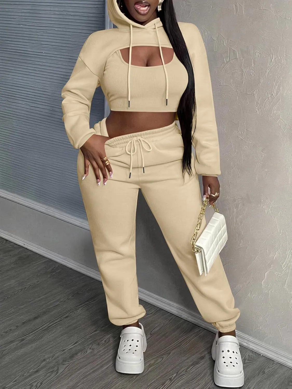 Women 3 Piece Sweatsuit Set Sexy Long Sleeve Pullover Cropped Hoodie Tank Top and Jogger Sweatpants Tracksuit