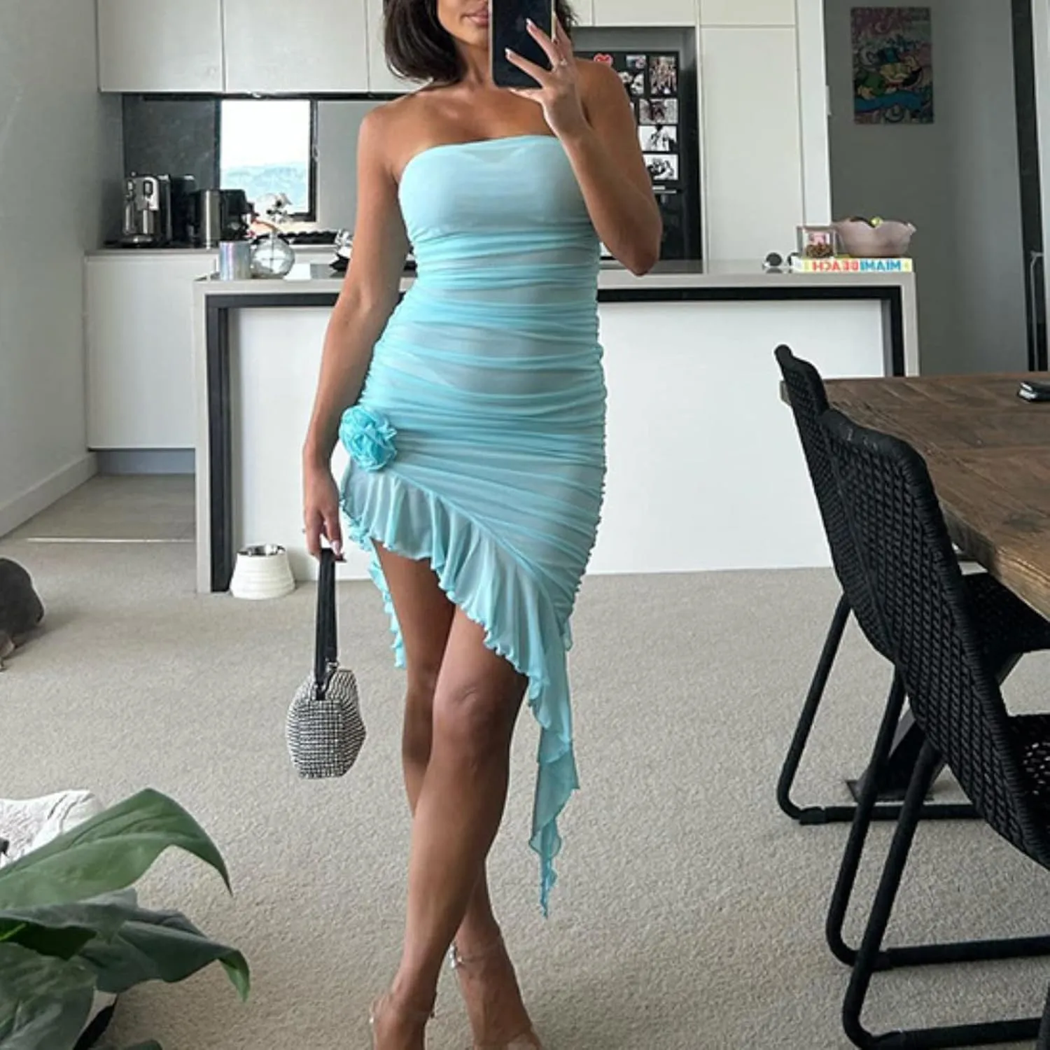 Women 3D Flower Y2k Dress, Blue Floral Bodycon Mini Dress, Y2k Ruffle Tube Dress, 2pcs Outfits Summer (Blue,Small,Small)