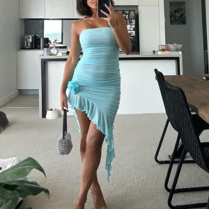 Women 3D Flower Y2k Dress, Blue Floral Bodycon Mini Dress, Y2k Ruffle Tube Dress, 2pcs Outfits Summer (Blue,Small,Small)